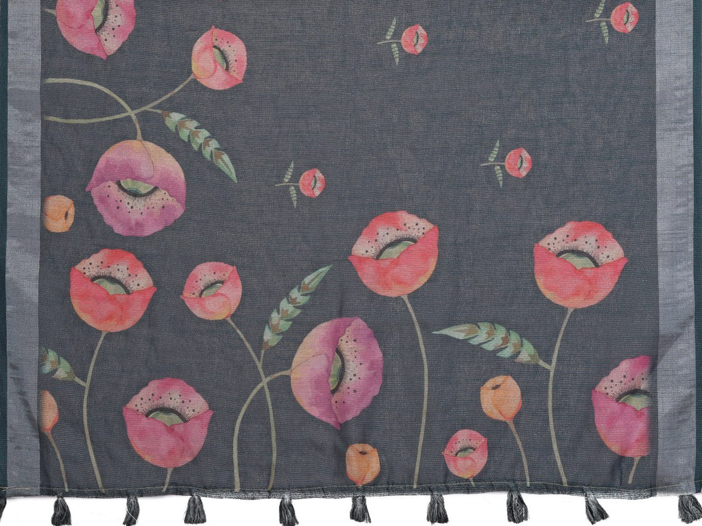Black Linen Shimmer Saree with Printed Floral Design & Peach Tassel Border