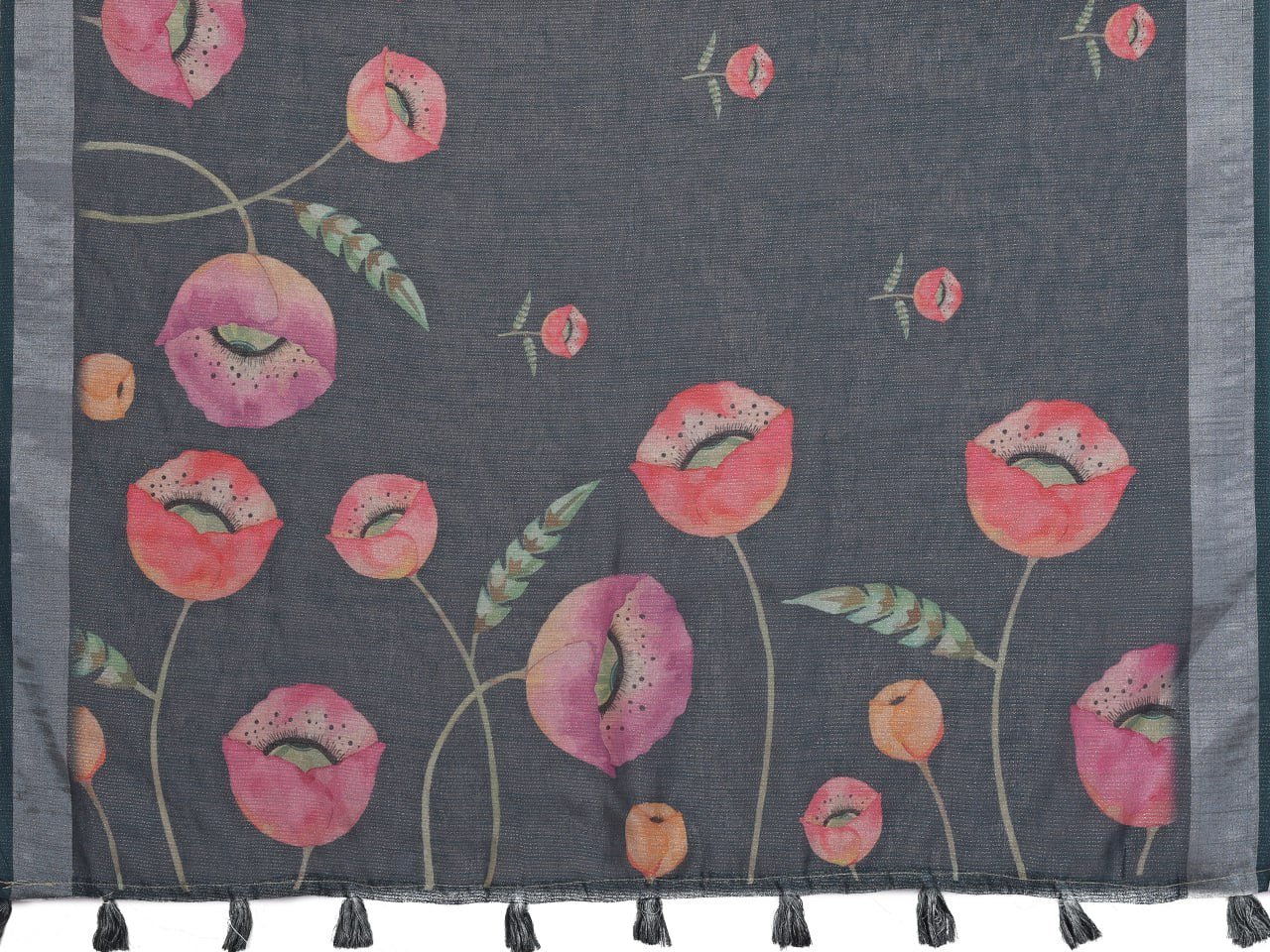 Black Linen Shimmer Saree with Printed Floral Design & Peach Tassel Border
