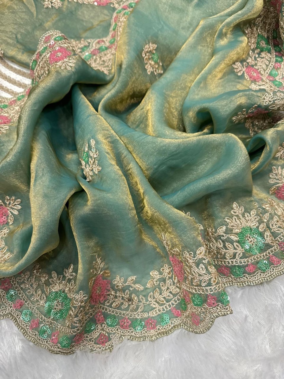 Heavy Soft Fandy Satin Silk Saree with Embroidery, Sequences & Cutwork Border