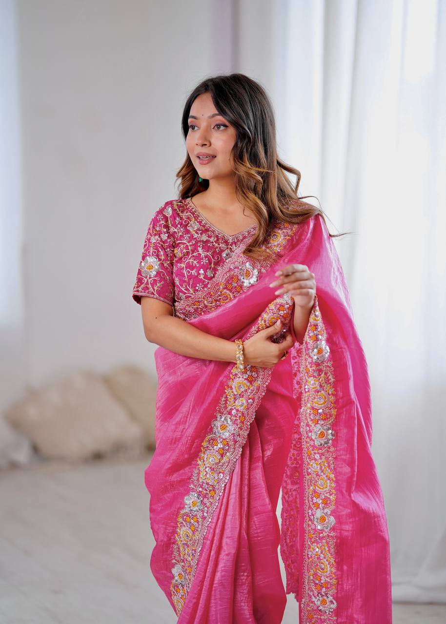 Premium Gold Crush Silk Saree with Heavy Embroidery & Sequins Work