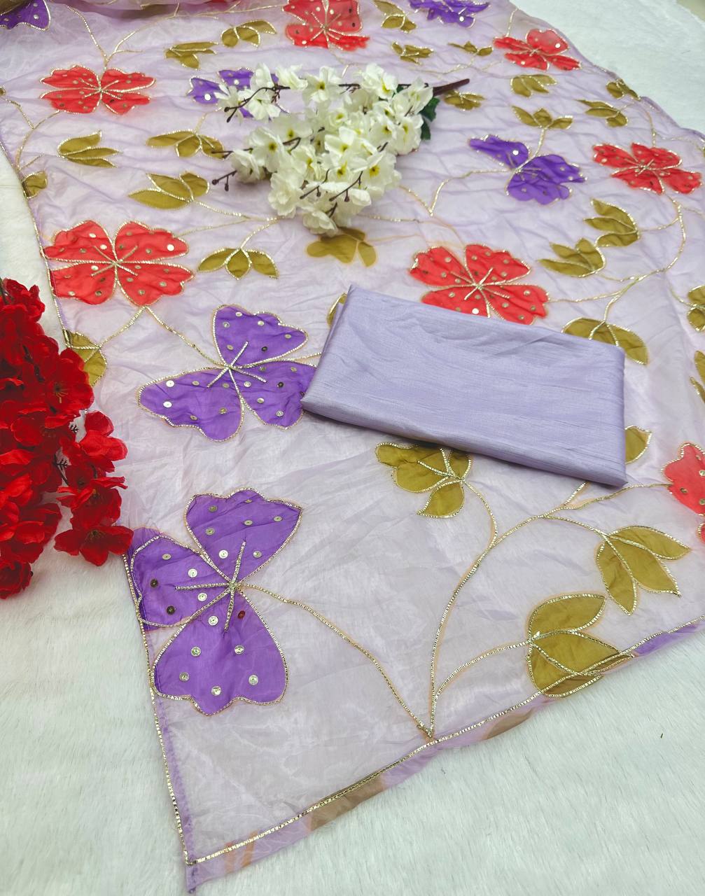 Lilac Floral Printed Organza Saree with Sequin Handwork and Silk Blouse