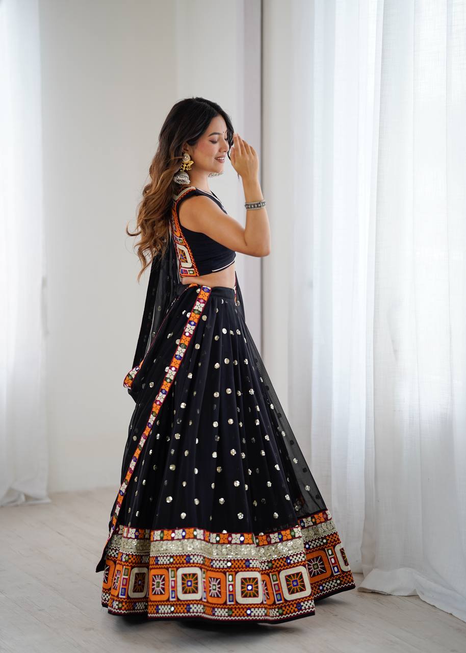 Black Designer Faux Georgette Lehenga Choli Set with Real Mirror & Chain Stitch Work
