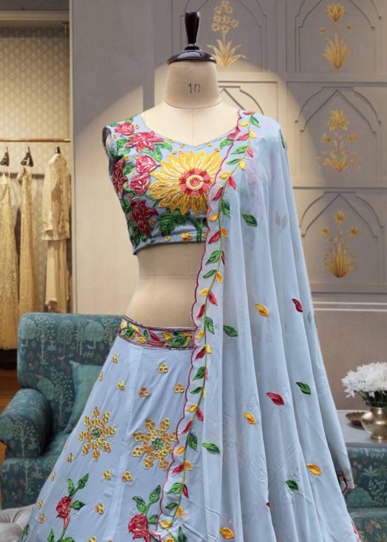 Light Blue Georgette Embroidery Bridal Lehenga