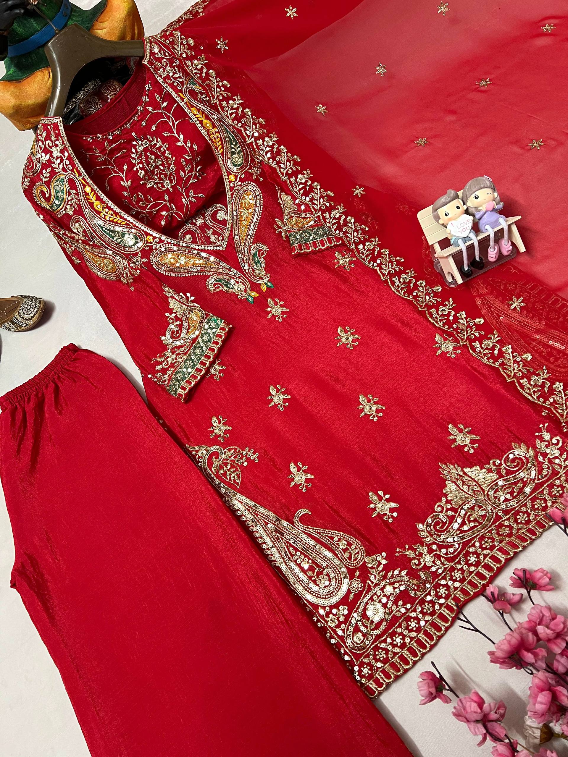 Premium Chinon Kurti, Blouse, Pant & Dupatta Set with Embroidery and Sequin Work