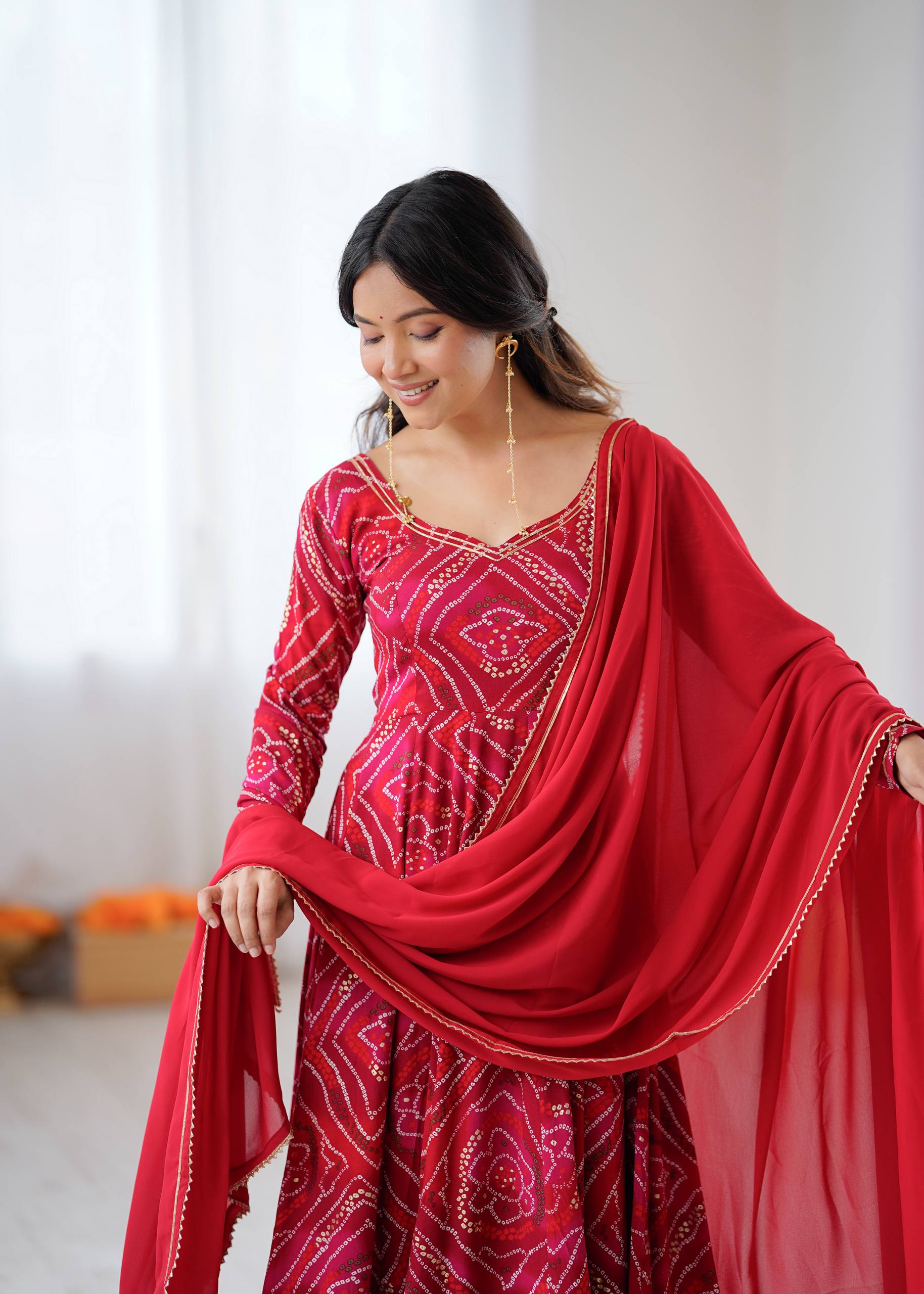 Bandhani Printed Sweetheart Neck Anarkali Kurta With Trousers & Dupatta