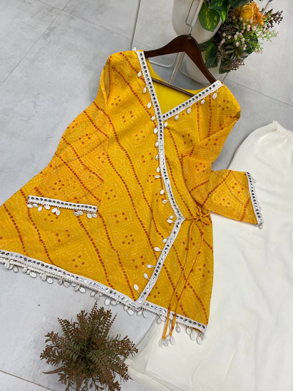 Bandhani Printed V Neck Angrakha Tunic with Solid Sharara