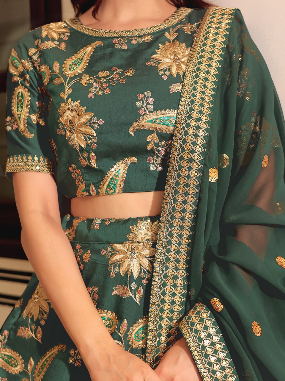 Dark Green Heritage Lehenga Set
