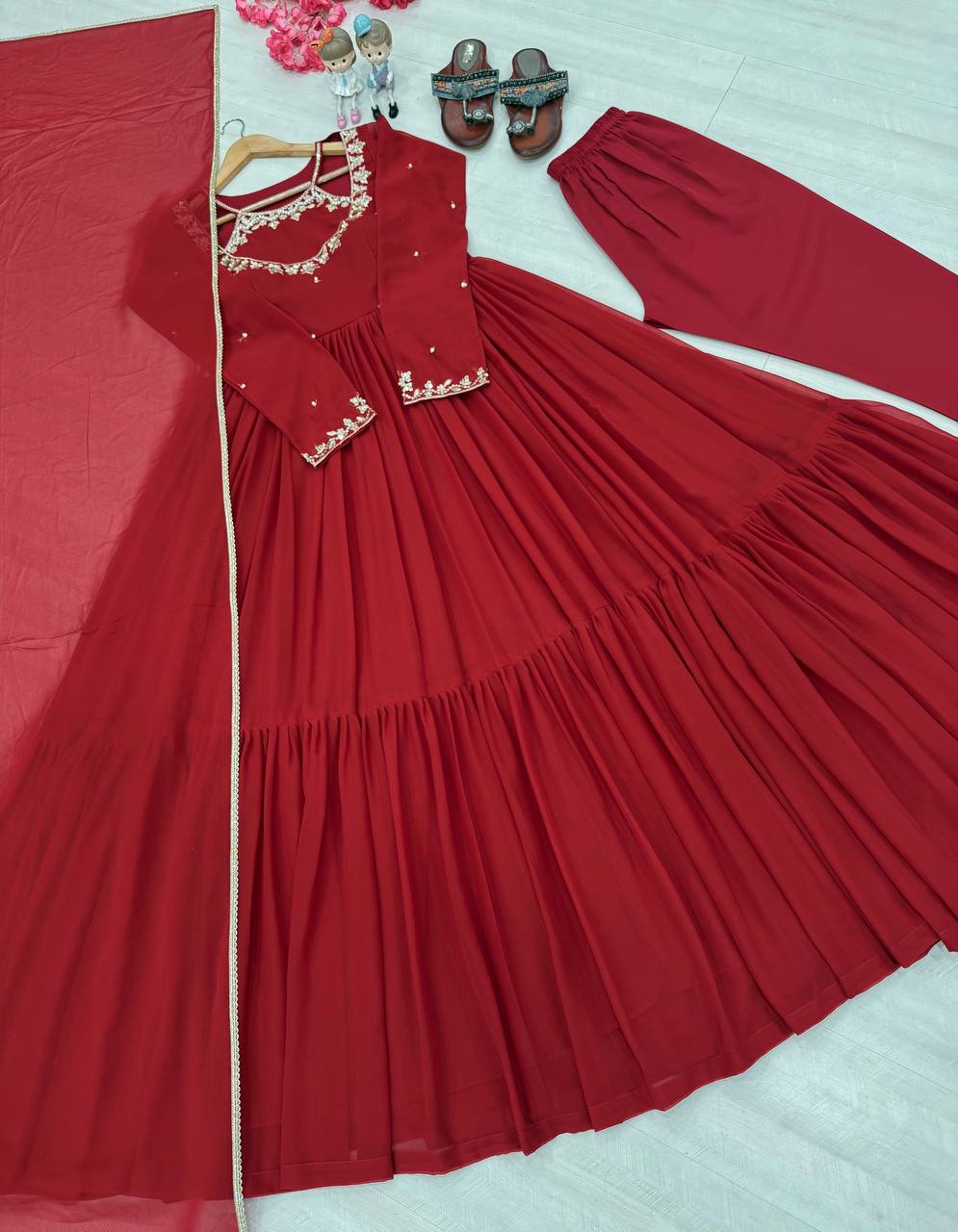 Designer Faux Georgette Party Wear Gown Set with Dupatta & Bottom – Embroidery and Sequins Work