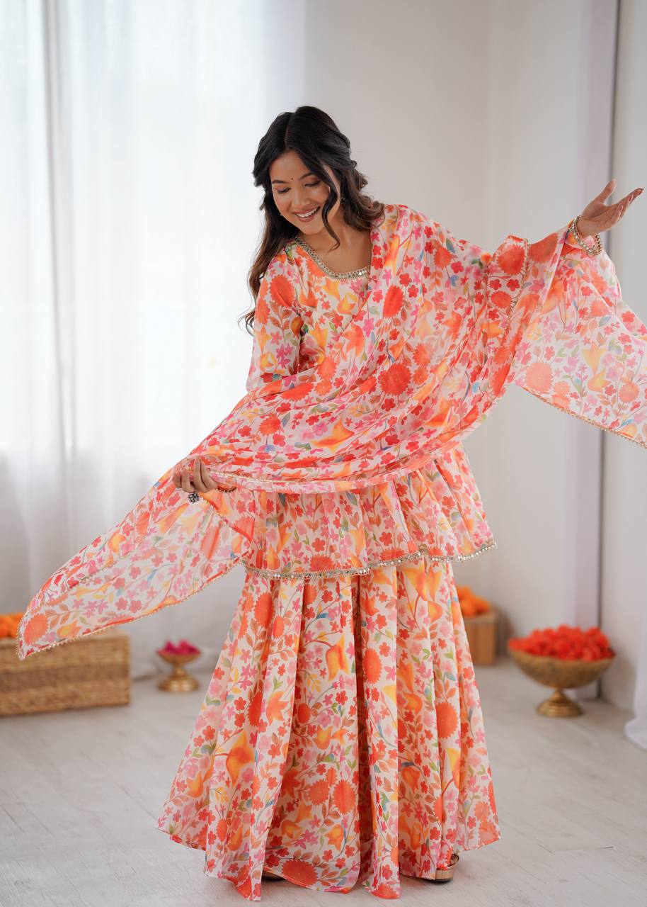 Designer Taby Organza Kediya Kurta Set with Palazzo & Dupatta – Floral Print & Mirror Lace
