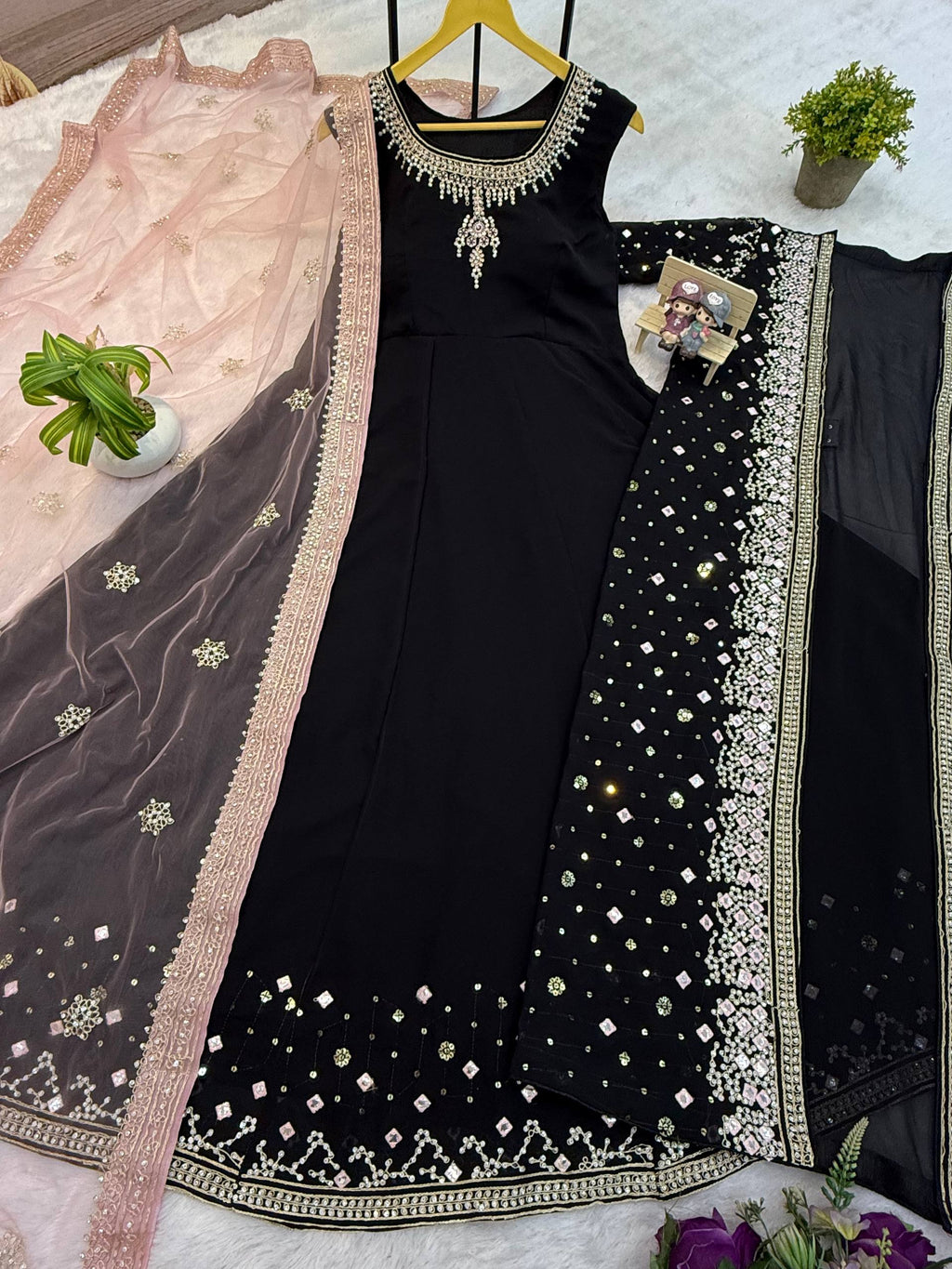 Designer Faux Georgette Gown, Koti & Dupatta Set – Embroidery & Crystal Stone Work