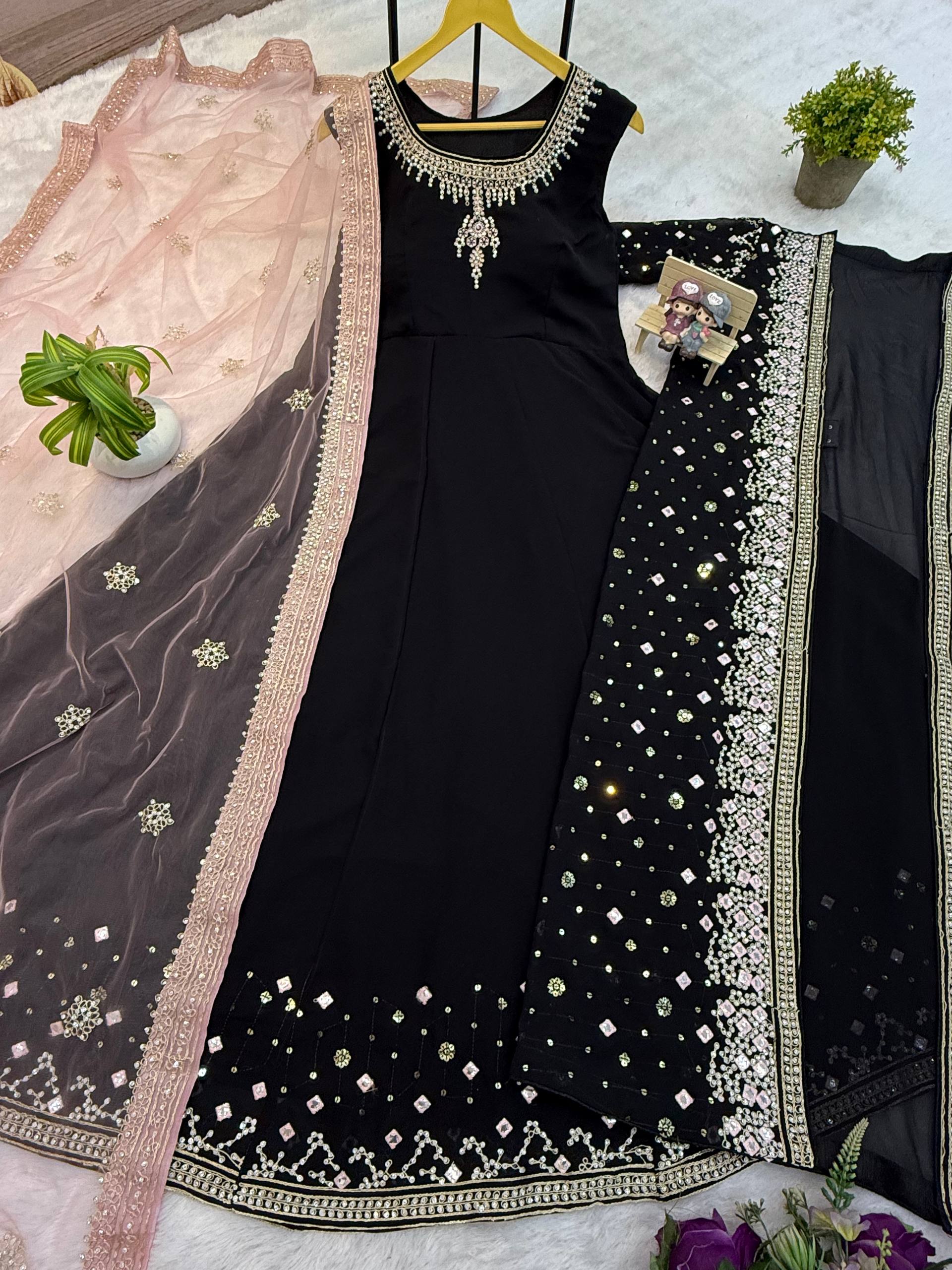 Designer Faux Georgette Gown, Koti & Dupatta Set – Embroidery & Crystal Stone Work