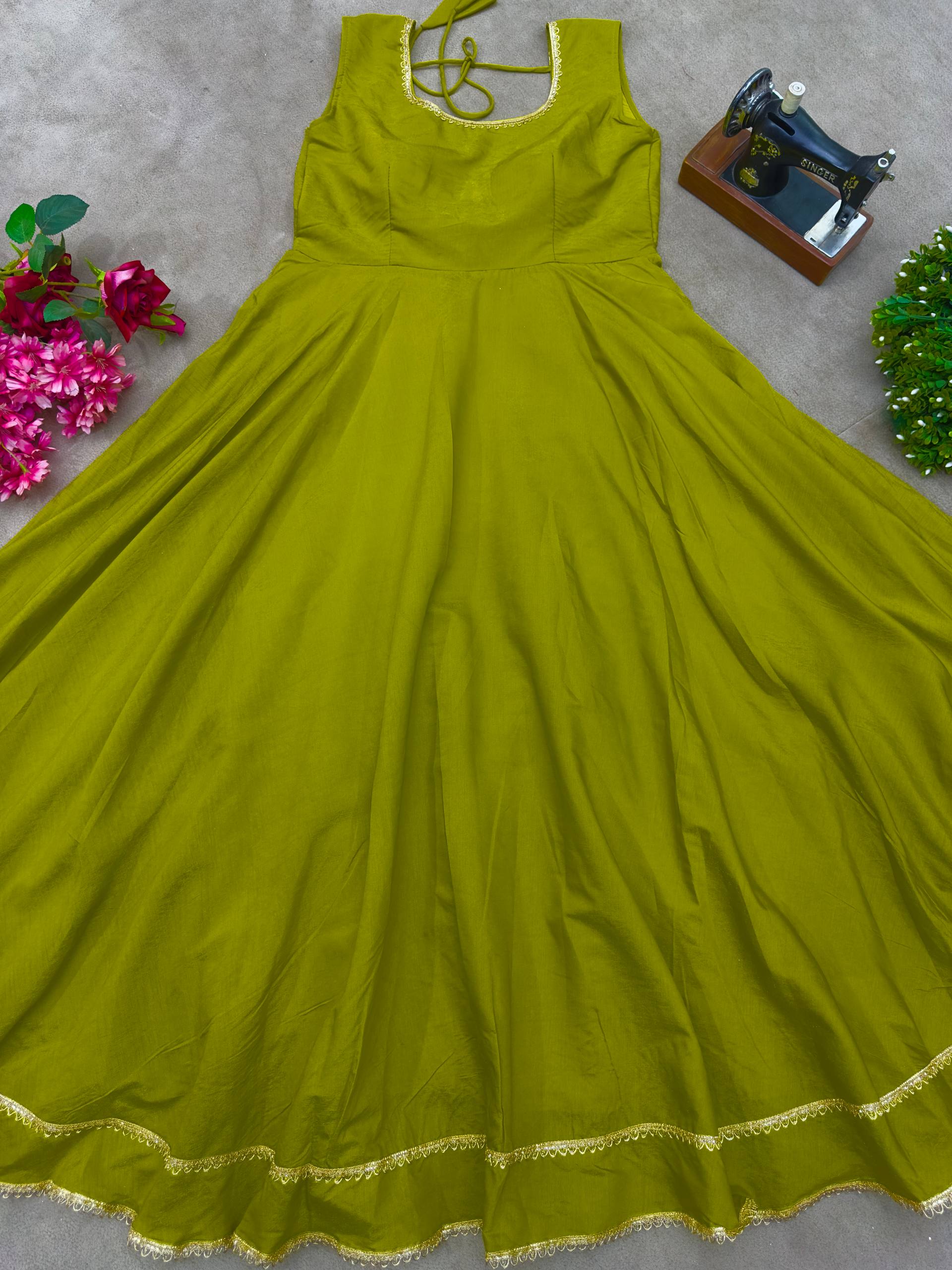 Designer Mehndi Color Roman Simmer Silk Top, Plazzo & Dupatta Set – Embroidery & Gota Lace Work