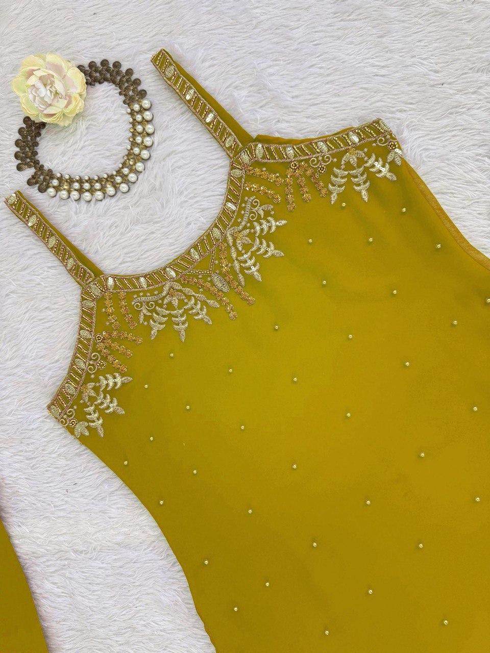 Green Georgette Sharara Set with Dupatta – Thread, Sequin & Pearl Work