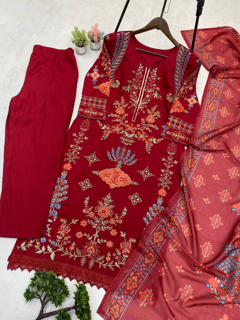 Designer Roman Silk Top with Pant & Dupatta – Embroidery & Sequence Work