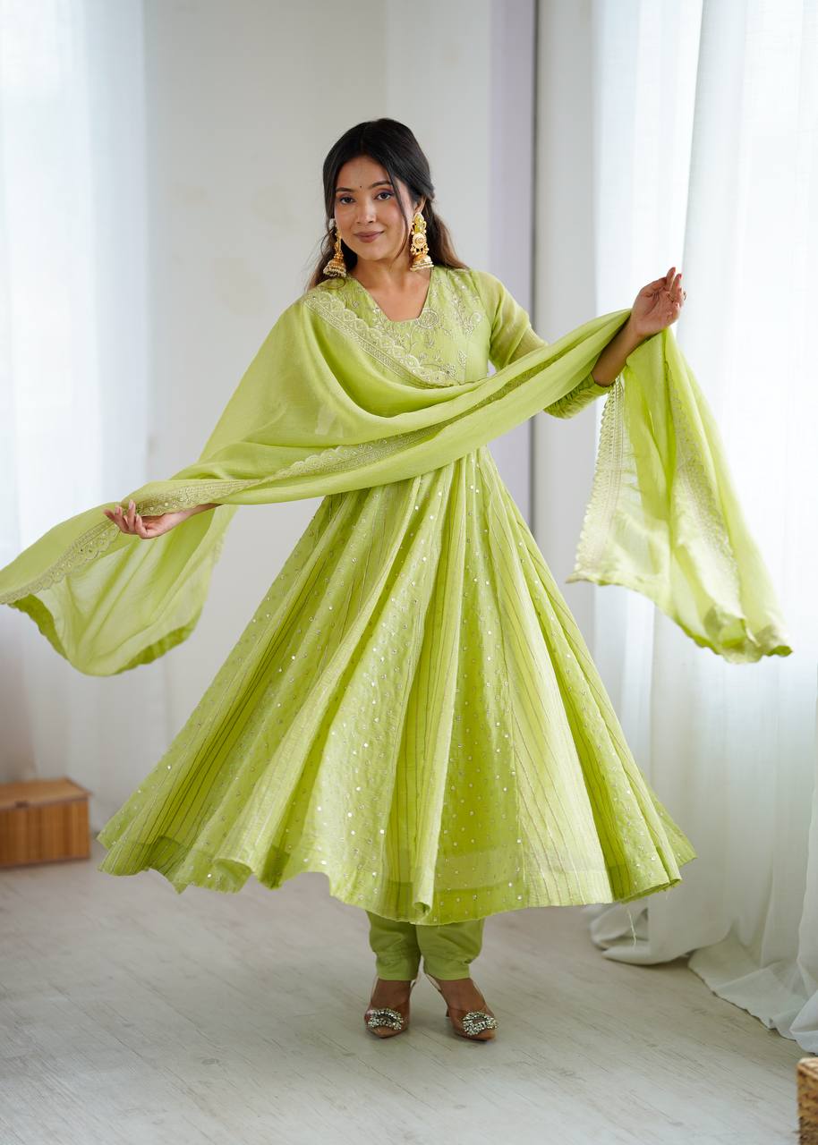 Designer Anarkali Gown Set with Pant & Dupatta – Crunchy Silk with Embroidery & Sequence Work