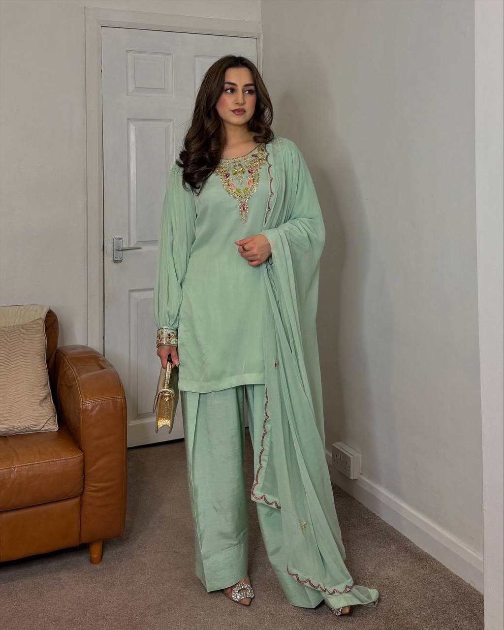 Designer Faux Georgette Top & Plazzo Set with Dupatta – Embroidery & Sequence Work
