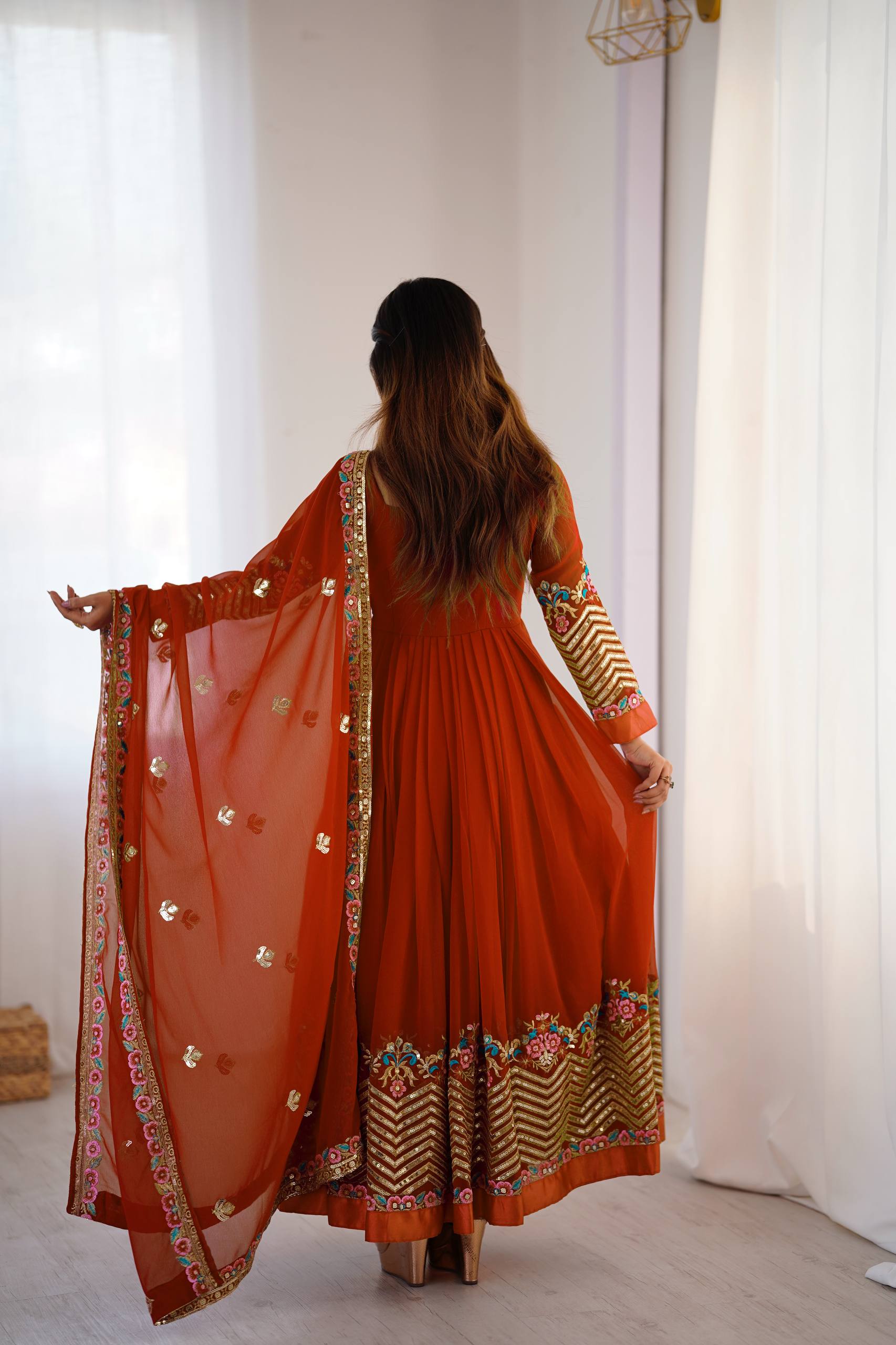 Designer Heavy Georgette Gown Set with Bottom & Dupatta – Multi Thread Embroidery & Sequence Work