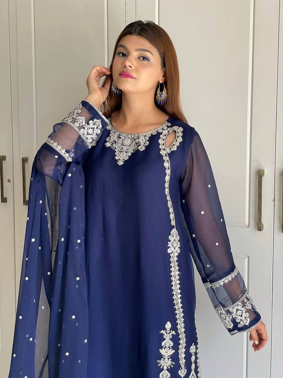 Designer Faux Georgette Top & Bottom Set with Dupatta – Heavy Embroidery & Sequence Work
