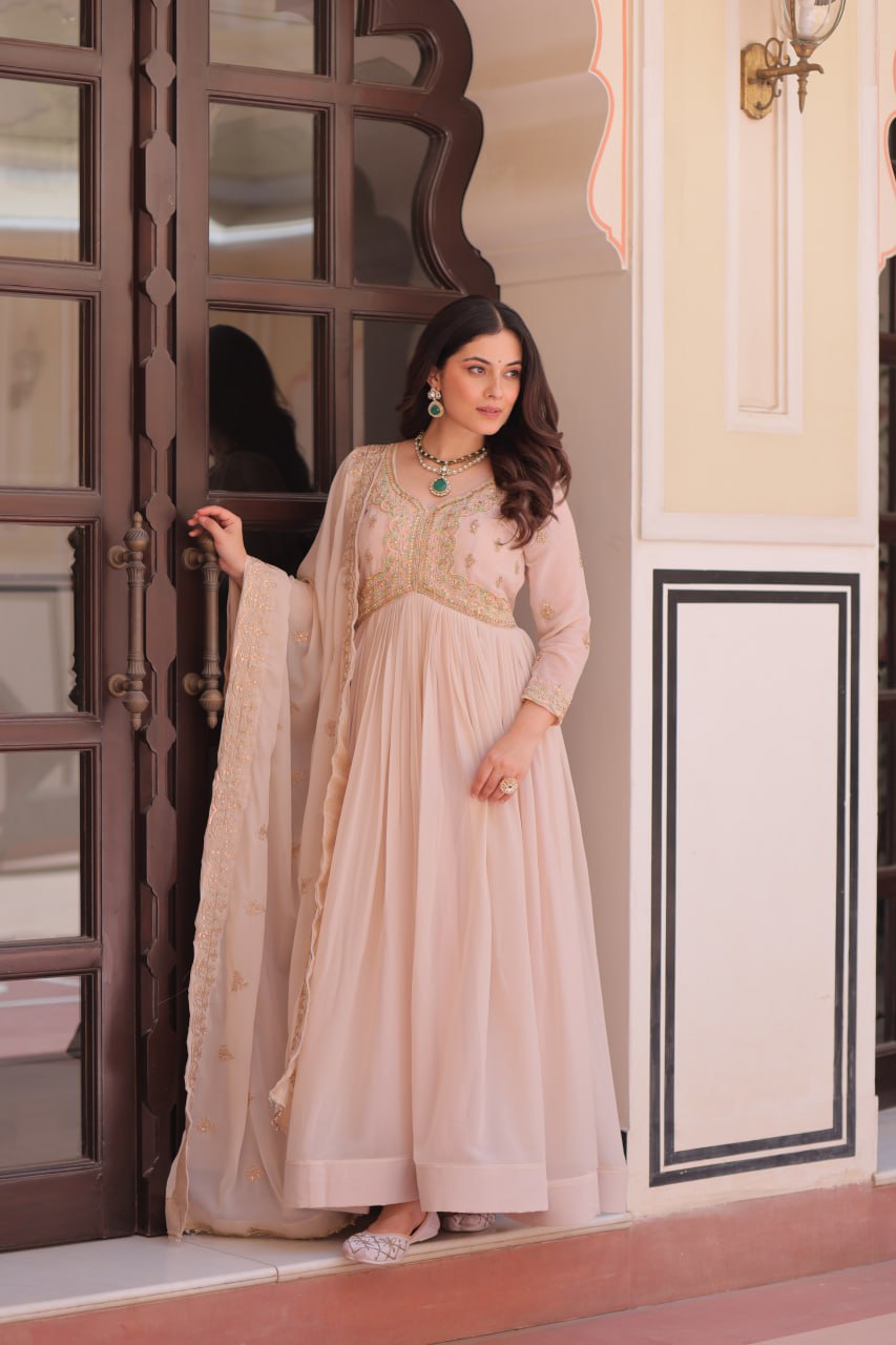 Cream Star Georgette Gown with Dupatta – Beads & Sequins Multi-Embroidery