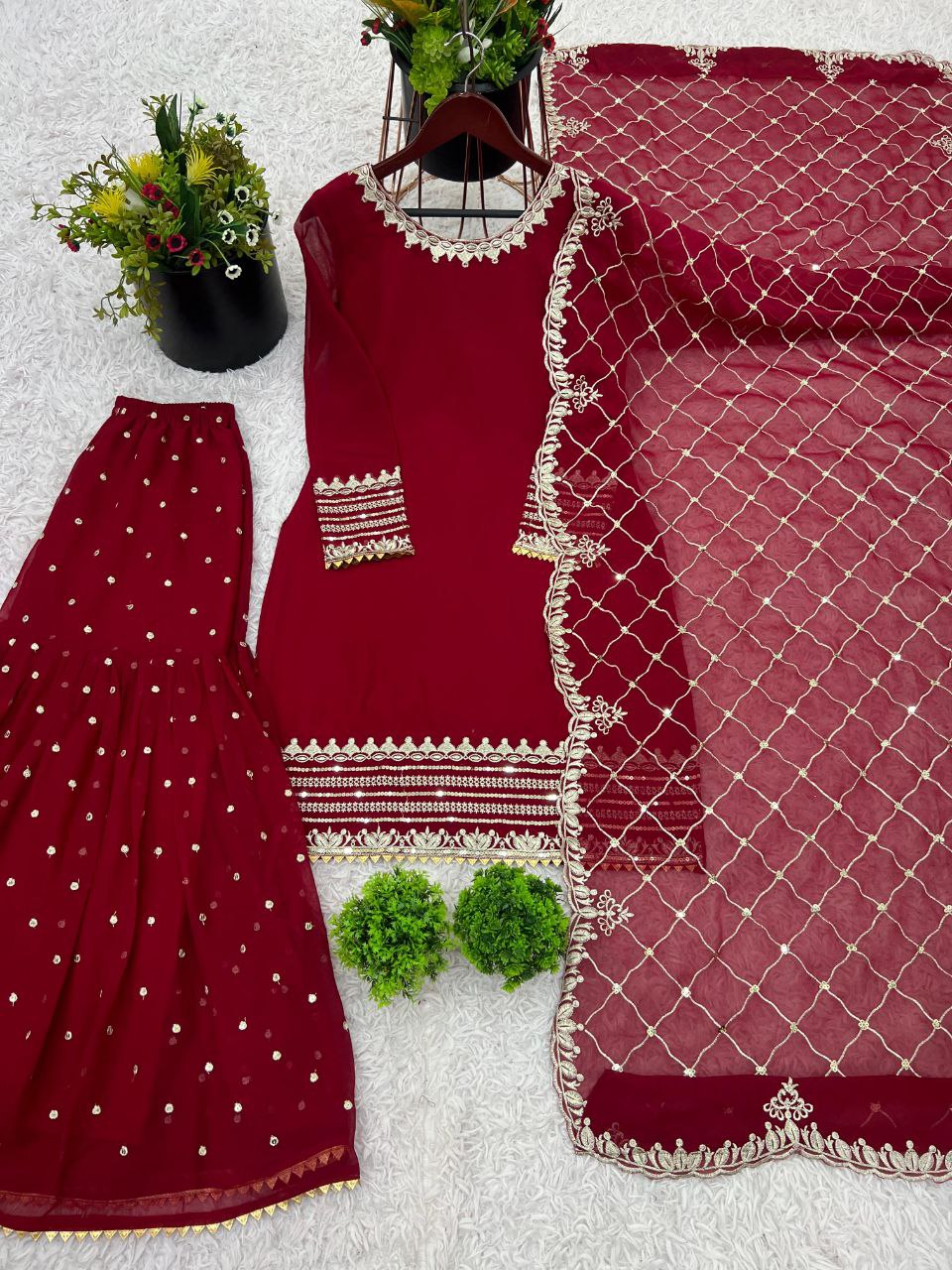 Party Wear Look Top-Plazzo and Dupatta With Heavy Embroidery Work