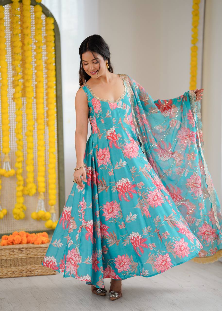 Rama Blue Colour Muslin Floral Print Anarkali Kurtis