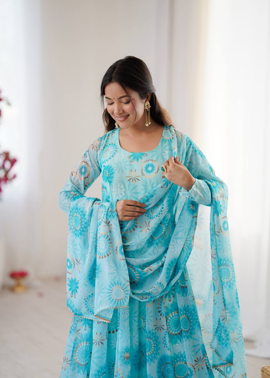 Womens Blue Printed Anarkali Kurta With Trousers & Dupatta