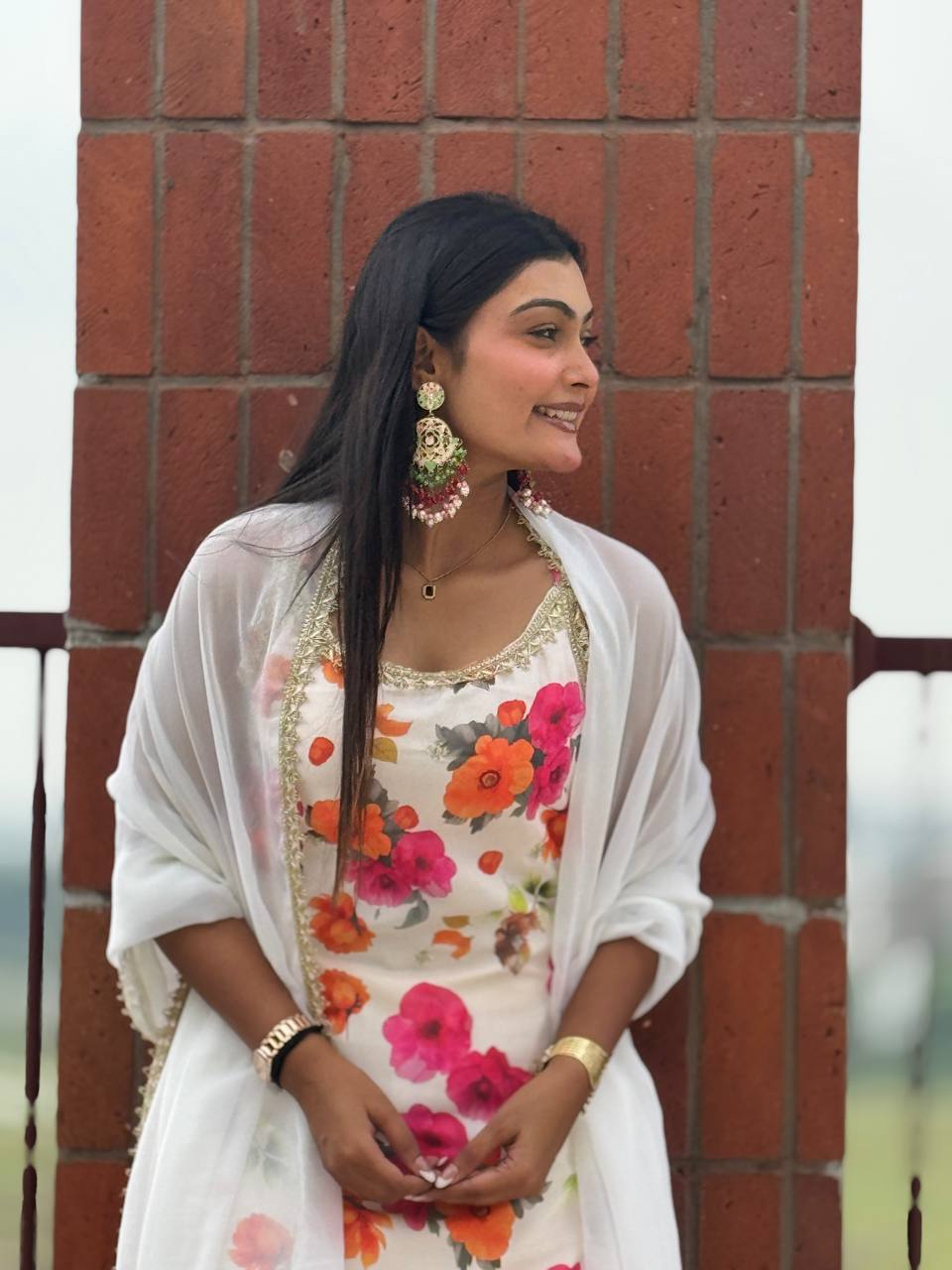 Exclusive  White Chinon Silk Kurti with Flared Plazzo and Lace Dupatta