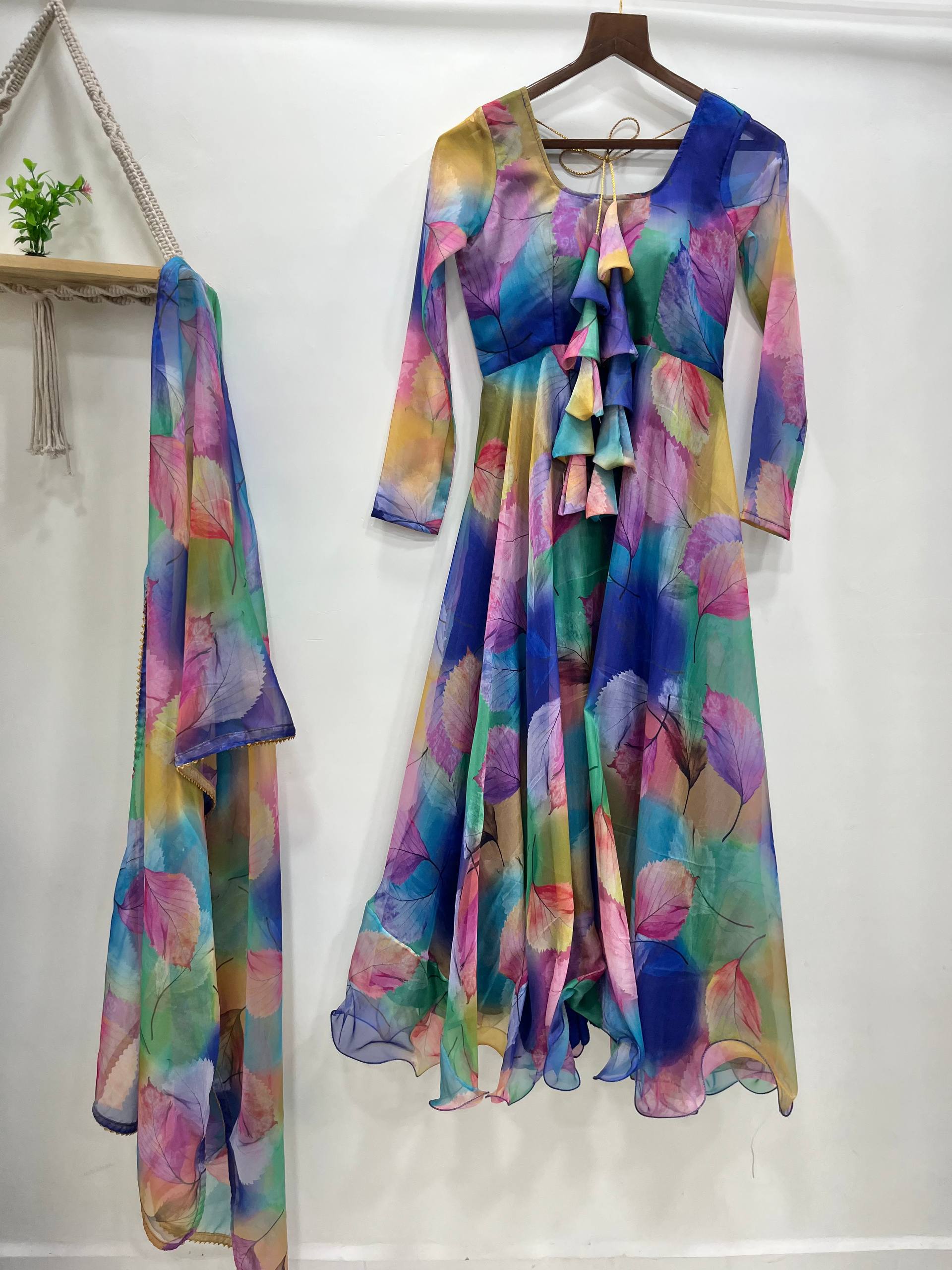 Women's Organza Anarkali Floral Printed Kurta Pent Set with Dupatta Set Anarkali Kurti for Women