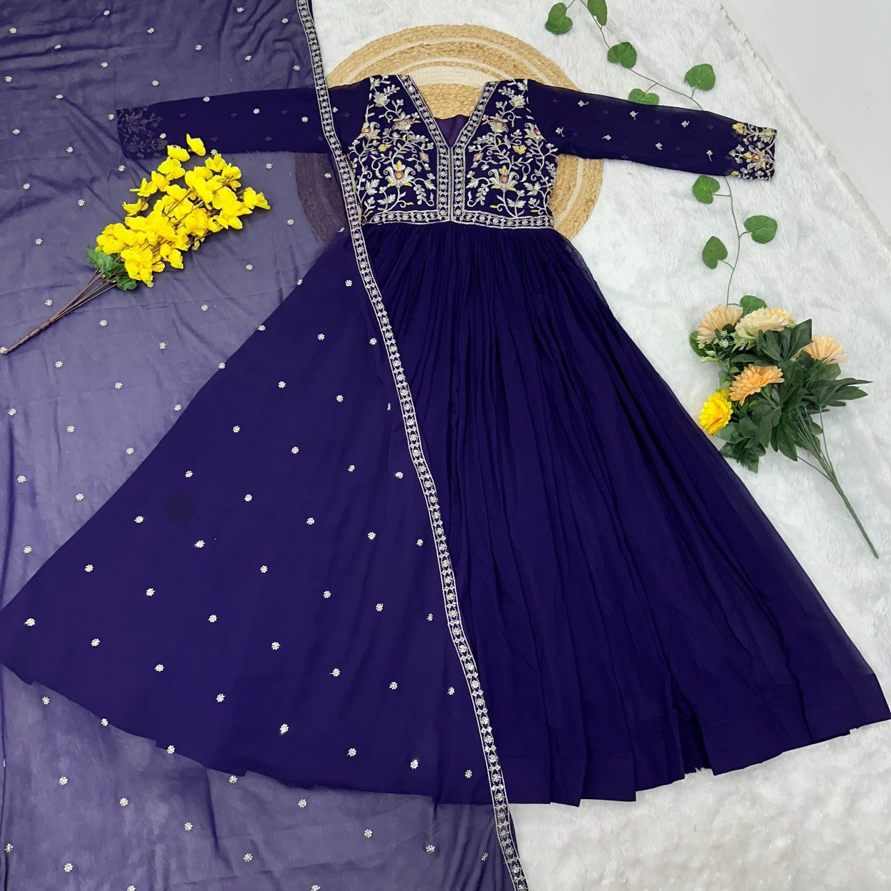 Premium Designer Readymade Gown with Dupatta – Zari & Sequins Embroidery
