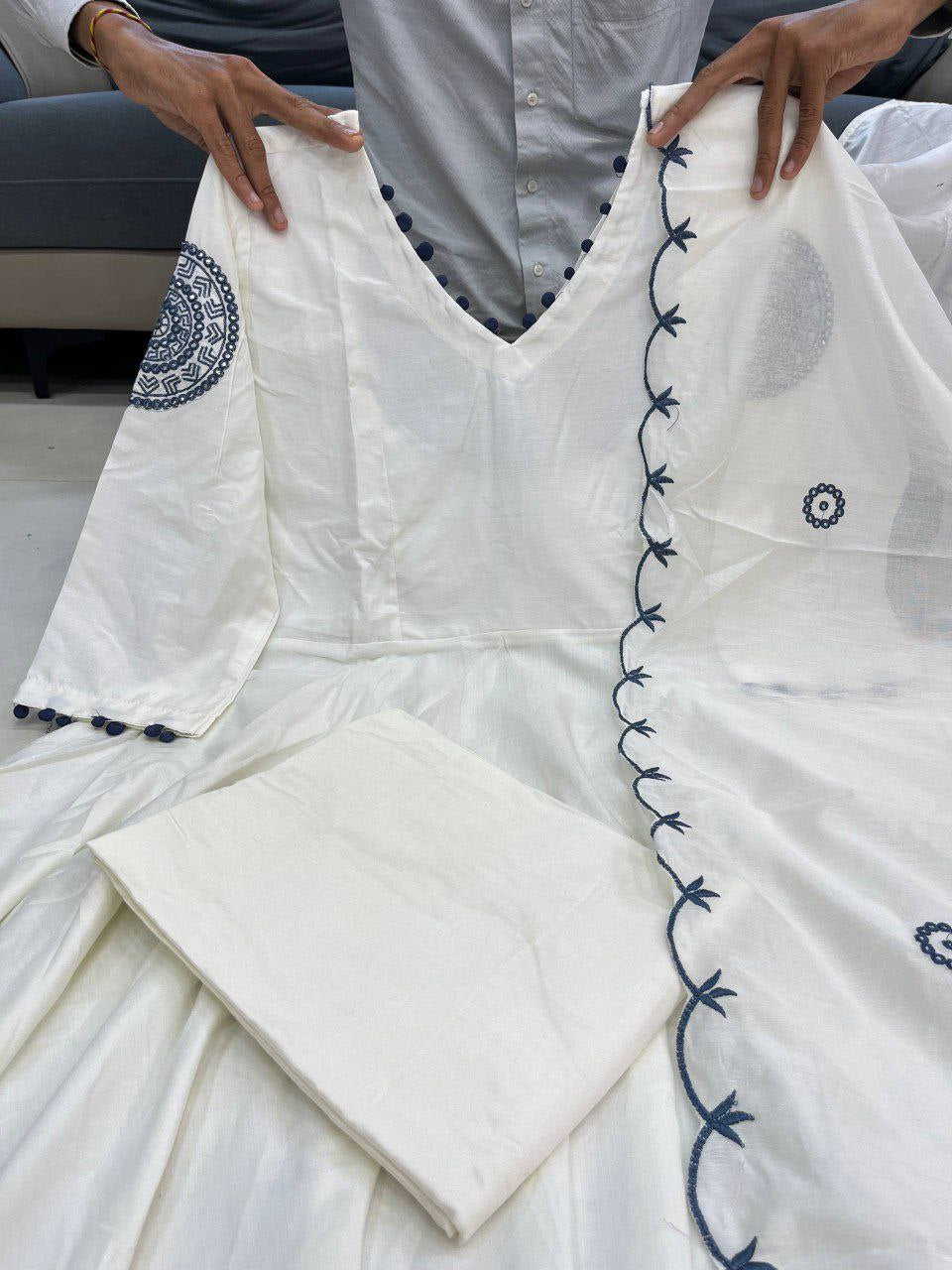 Rangrasa Blue Cream Embroidered Muslin Silk Suit Set