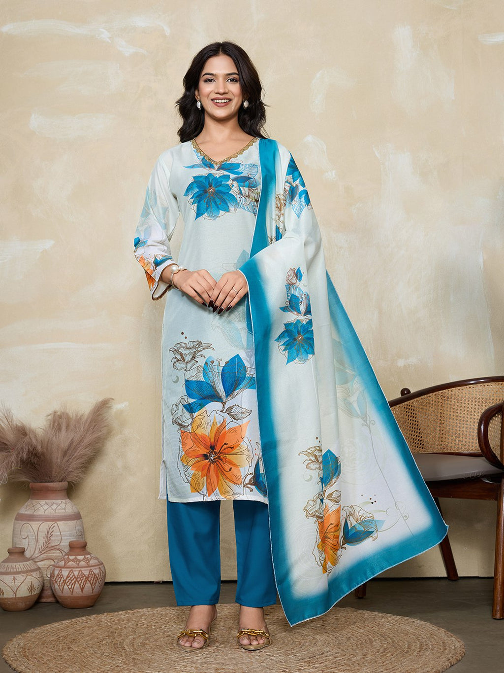 Suzuki Floral Printed V-Neck Straight Kurta With Trousers & Dupatta