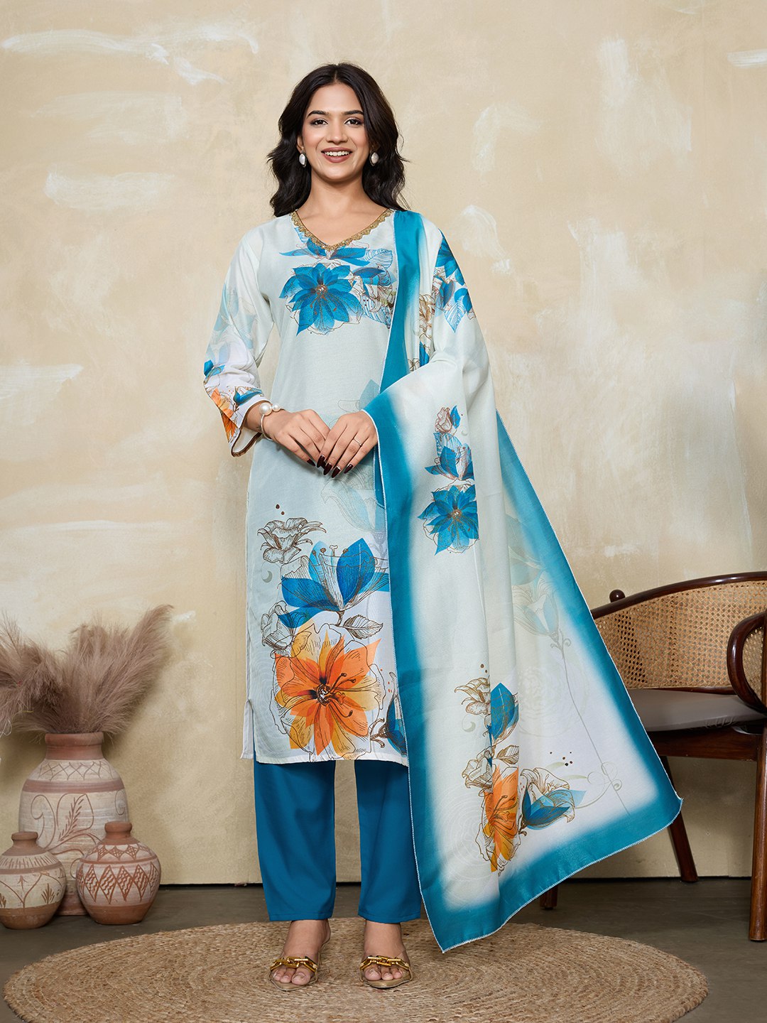 Suzuki Floral Printed V-Neck Straight Kurta With Trousers & Dupatta