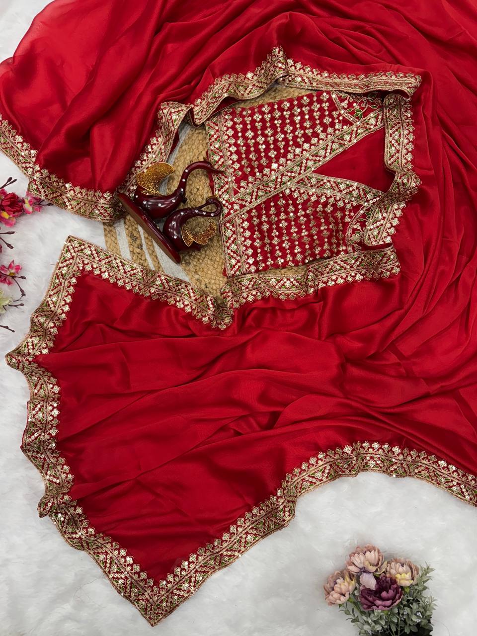 Soft Rangoli Silk Saree with Sequence Embroidery & Lace Border