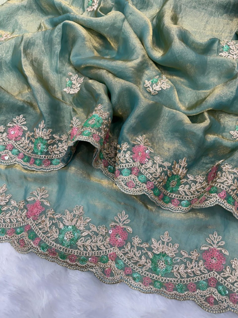 Heavy Soft Fandy Satin Silk Saree with Embroidery, Sequences & Cutwork Border