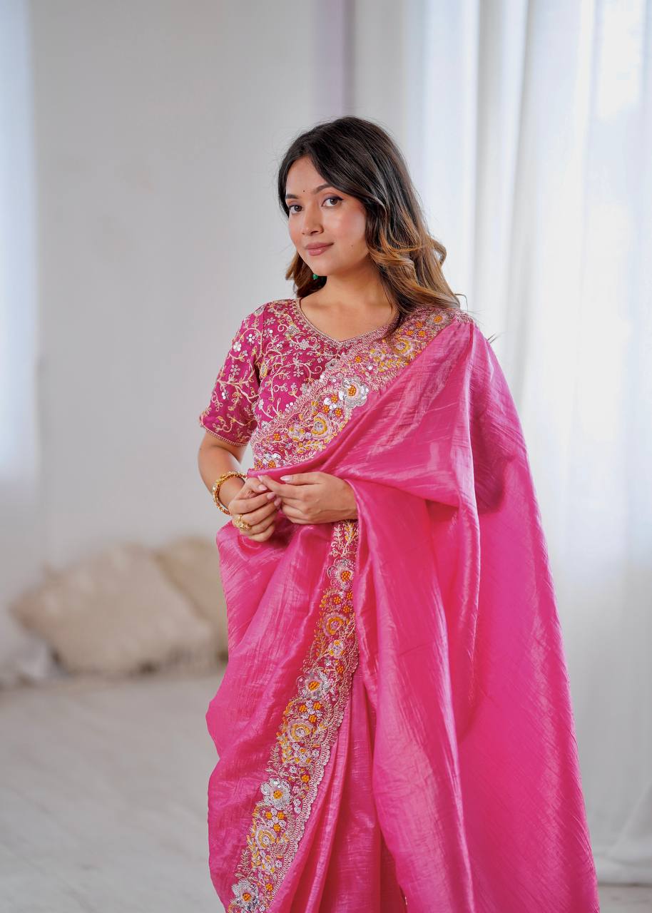 Premium Gold Crush Silk Saree with Heavy Embroidery & Sequins Work