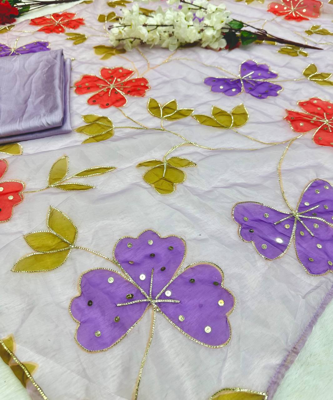 Lilac Floral Printed Organza Saree with Sequin Handwork and Silk Blouse