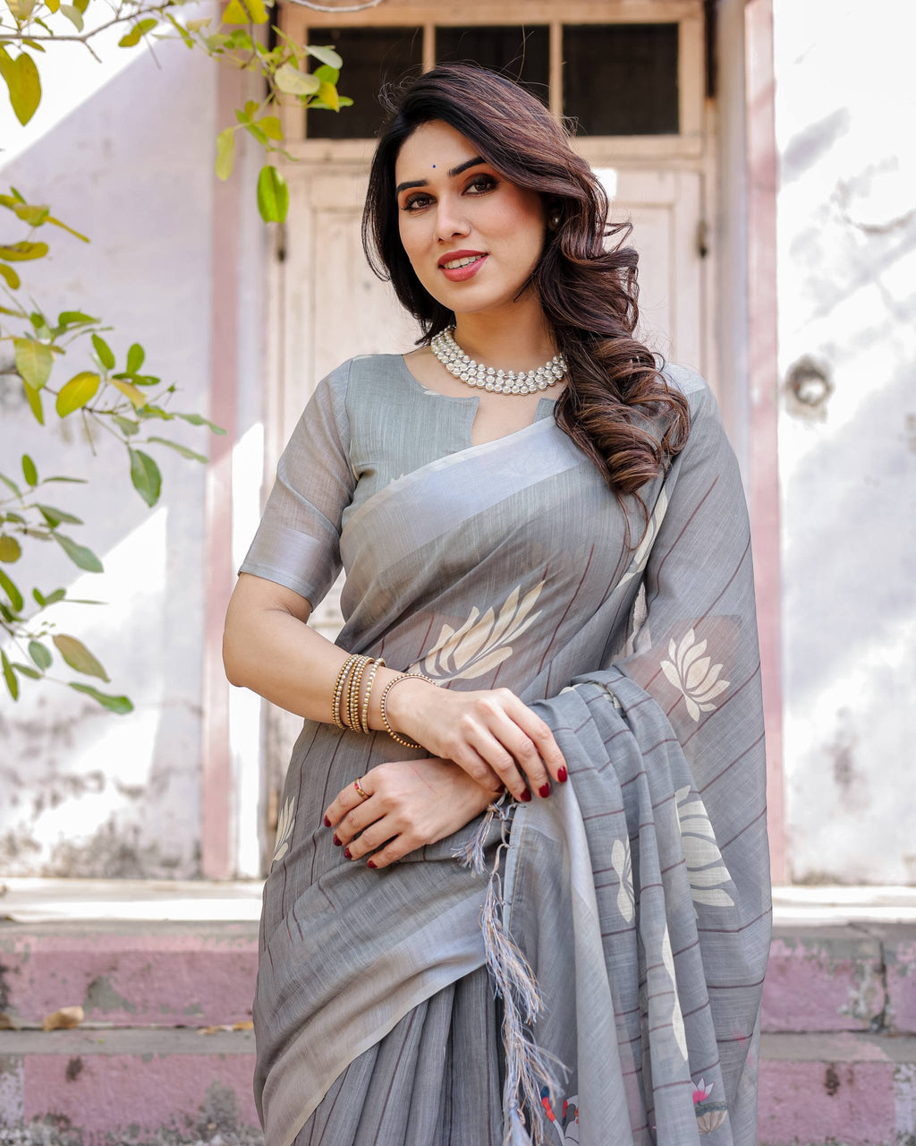 South Hit Printed Linen Cotton Saree with Blouse