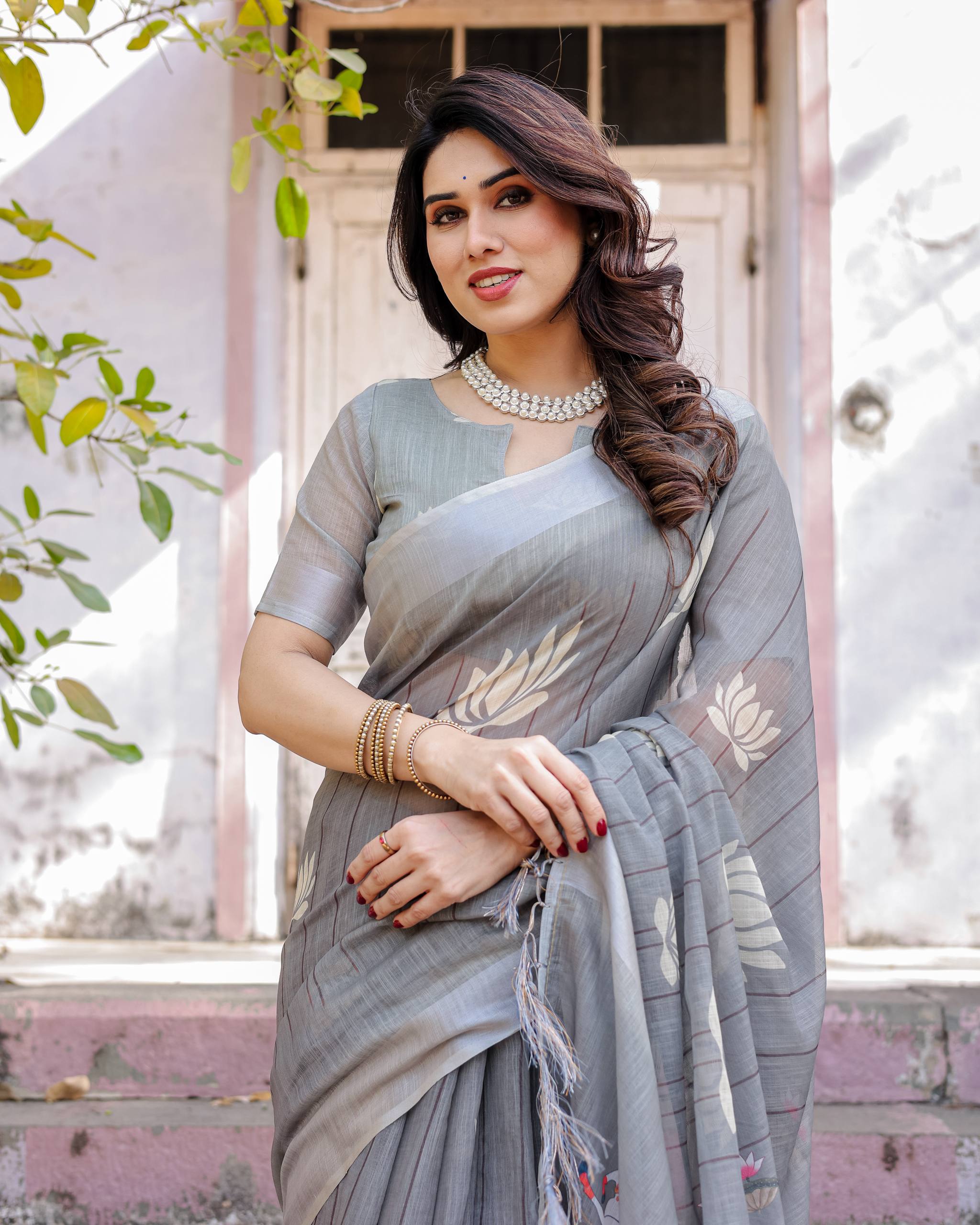 South Hit Printed Linen Cotton Saree with Blouse