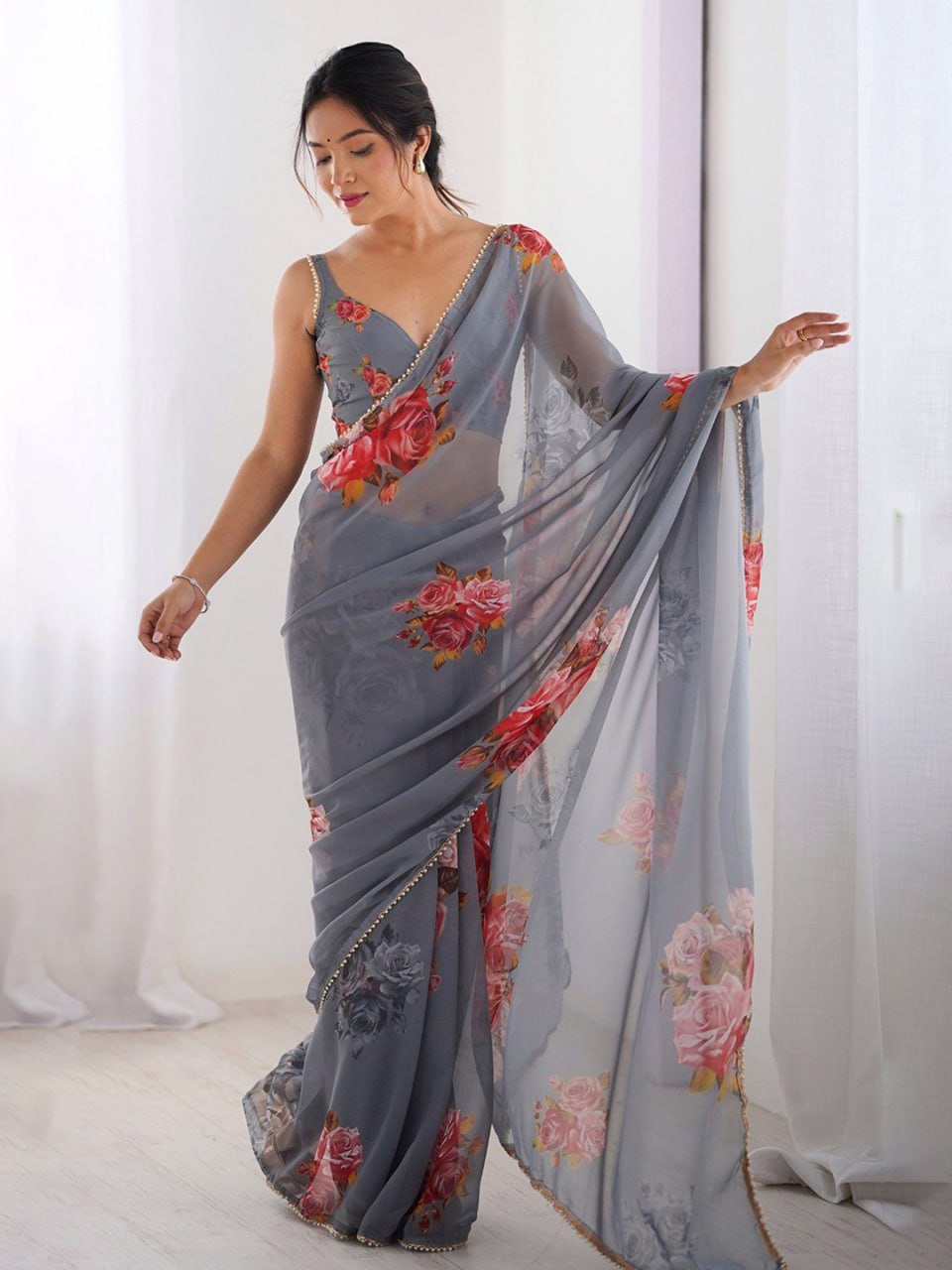 Gary Printed Georgette Saree with Moti Lace & Satin Patta Blouse