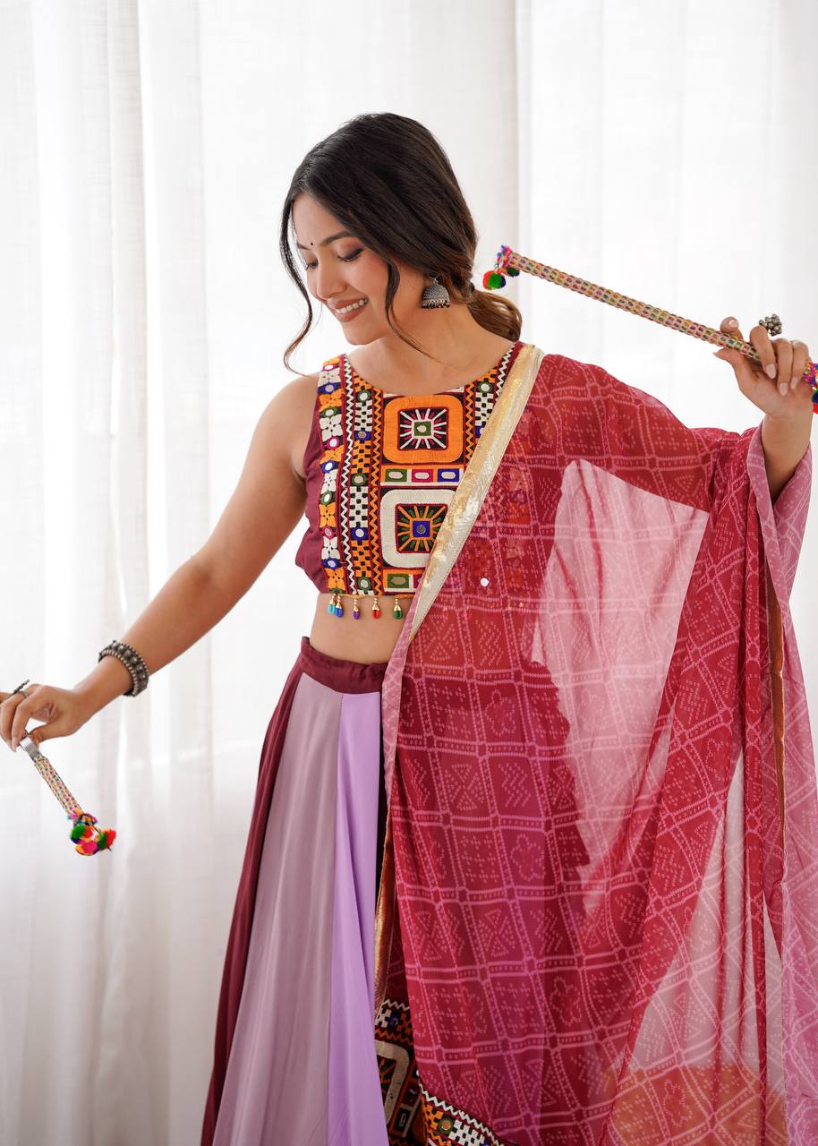 Navratri Special Heavy Rayon Lehenga Choli with Real Mirror & Gamthi Thread Work
