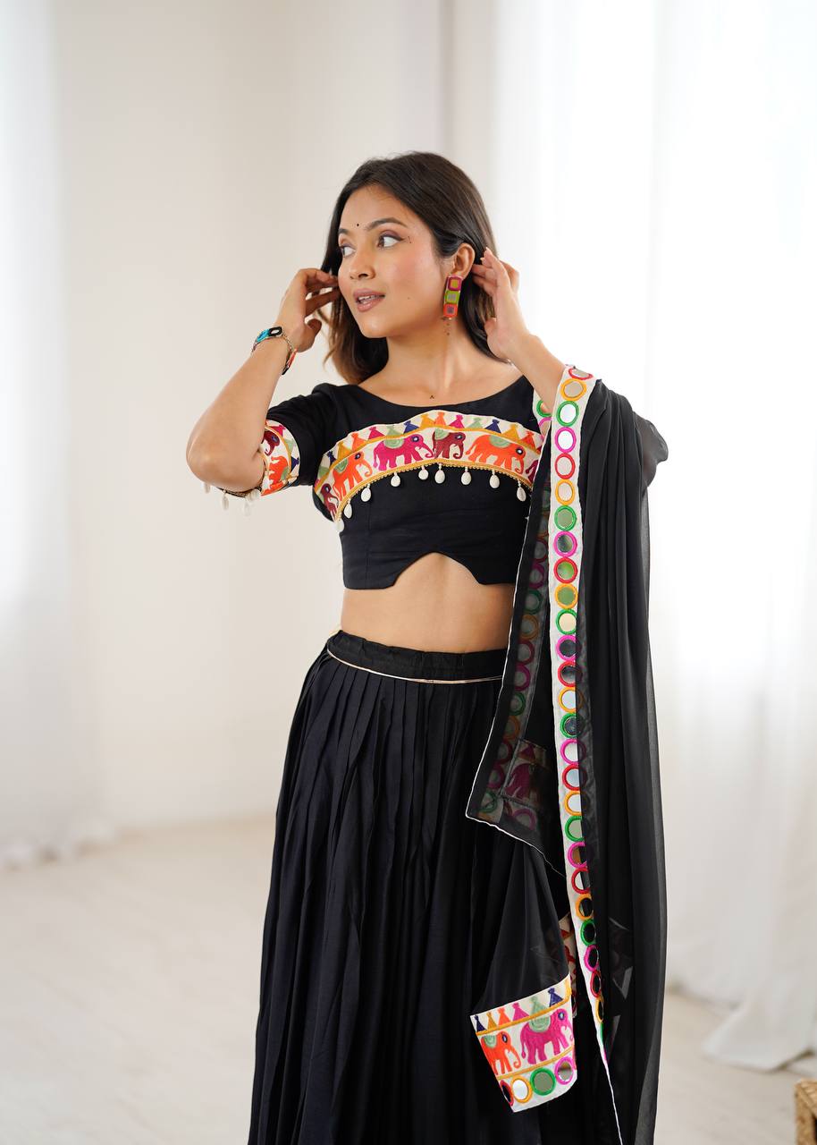 Black Heavy Rayon Lehenga with Gamthi, Real Mirror & Tassel Work