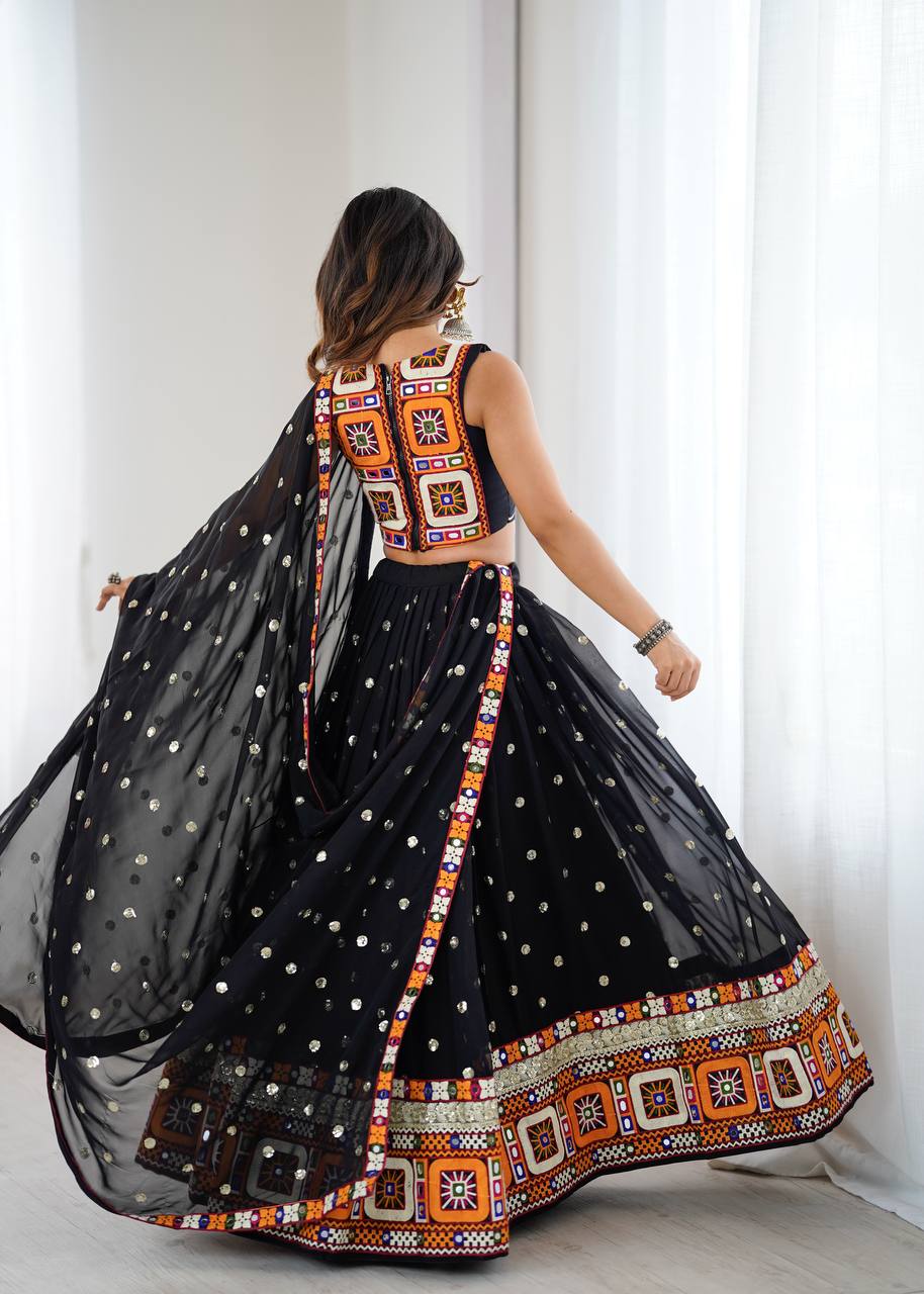 Black Designer Faux Georgette Lehenga Choli Set with Real Mirror & Chain Stitch Work