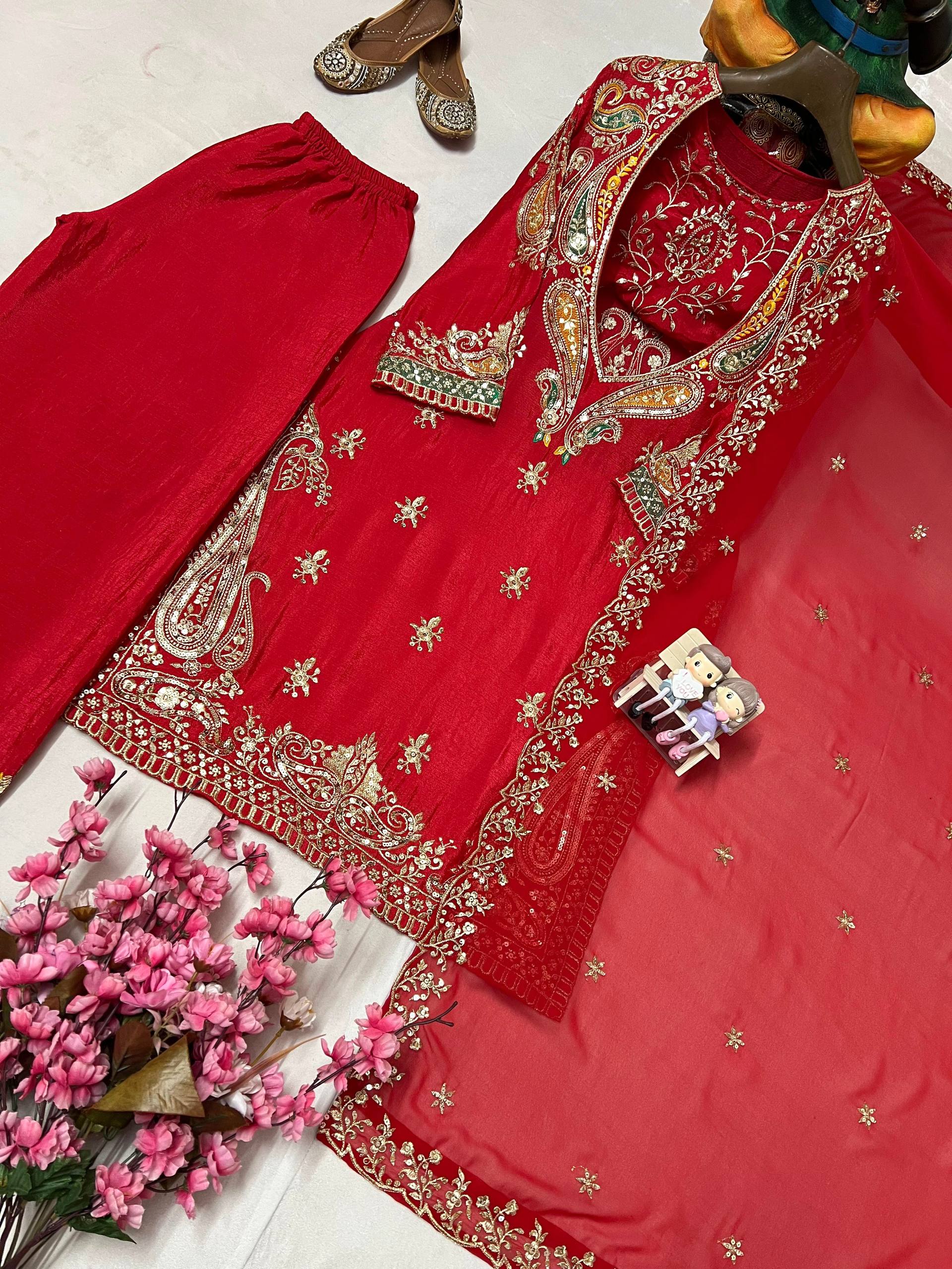 Premium Chinon Kurti, Blouse, Pant & Dupatta Set with Embroidery and Sequin Work