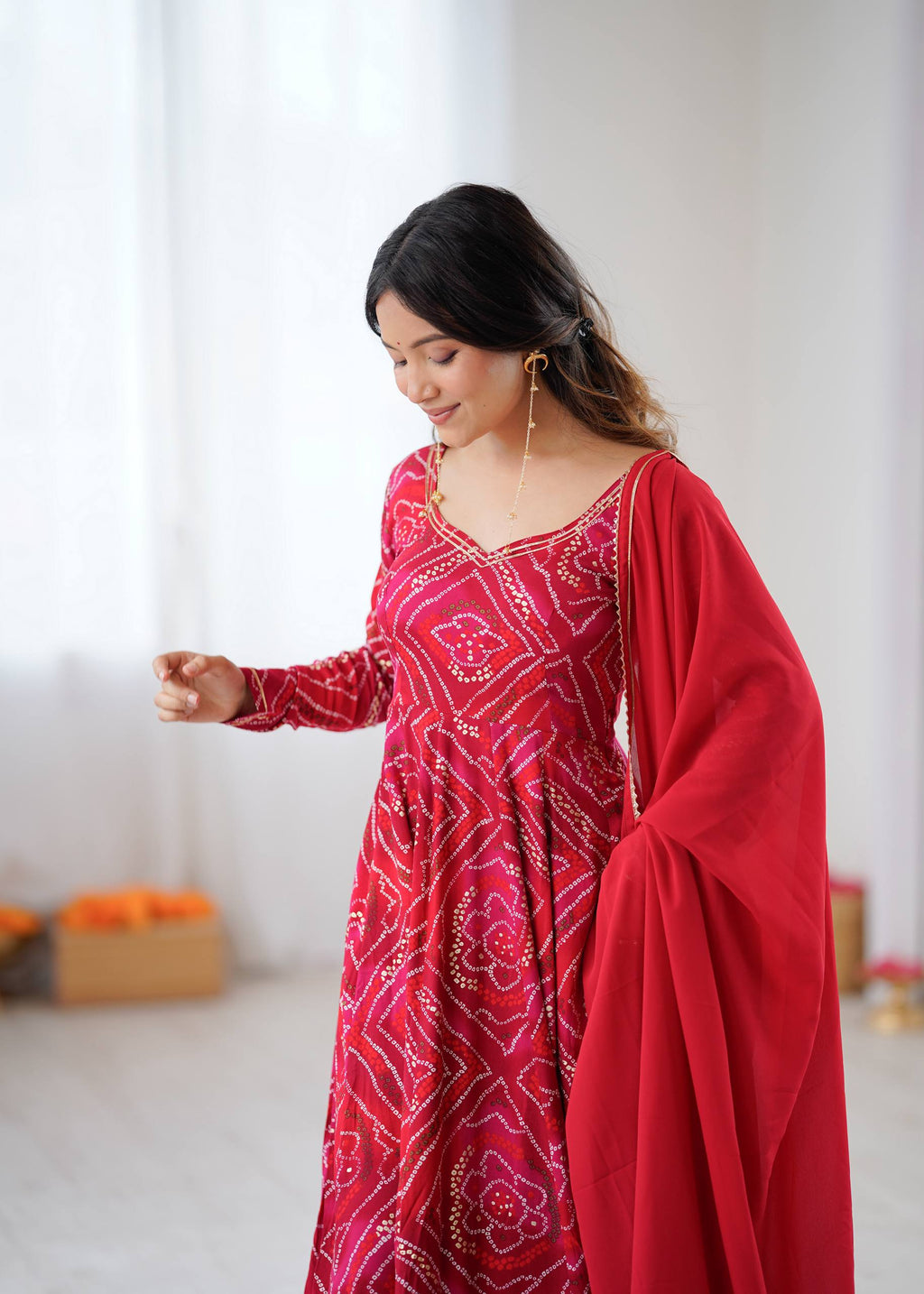 Bandhani Printed Sweetheart Neck Anarkali Kurta With Trousers & Dupatta