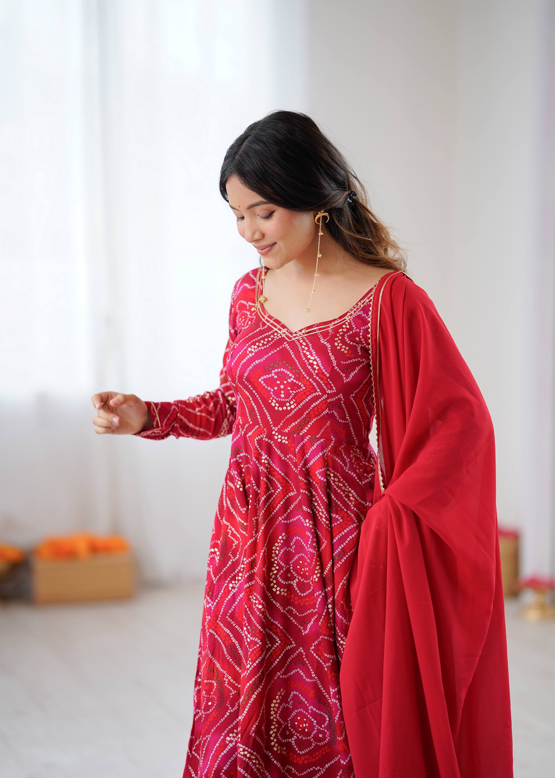 Bandhani Printed Sweetheart Neck Anarkali Kurta With Trousers & Dupatta