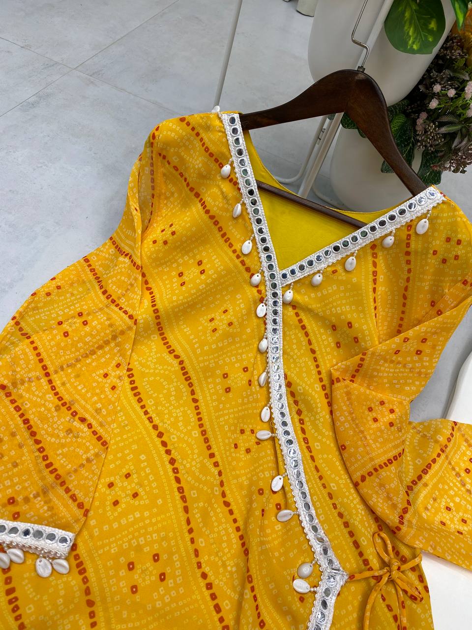 Bandhani Printed V Neck Angrakha Tunic with Solid Sharara