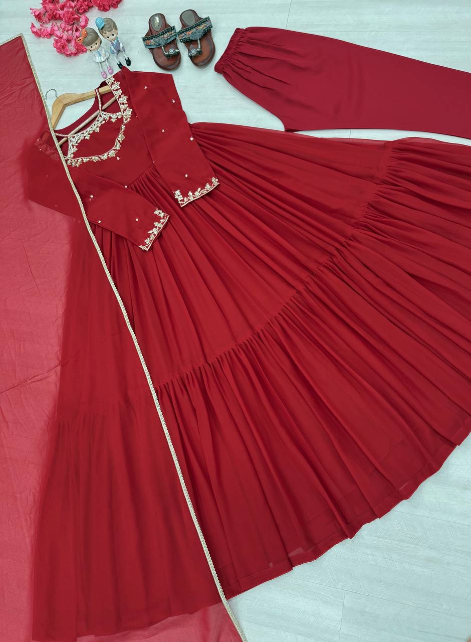 Designer Faux Georgette Party Wear Gown Set with Dupatta & Bottom – Embroidery and Sequins Work