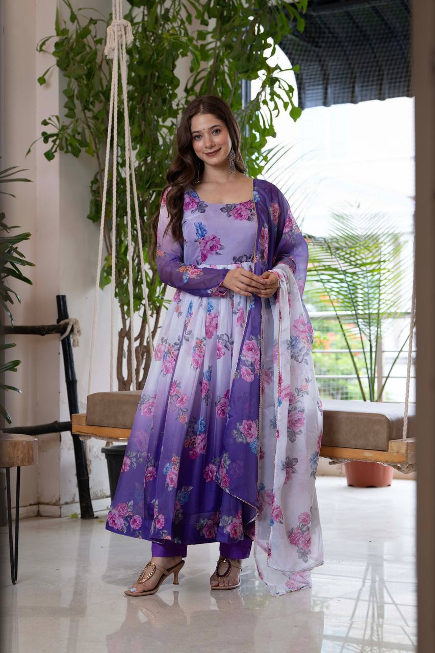 Designer Umbrella Suit Set with Dupatta & Pant – Lightweight Organza Floral Print
