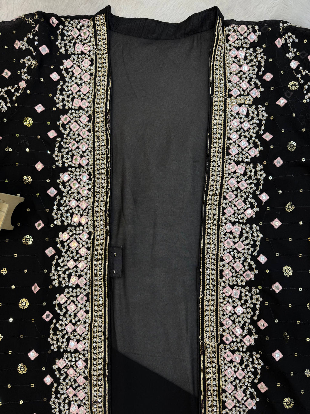 Designer Faux Georgette Gown, Koti & Dupatta Set – Embroidery & Crystal Stone Work