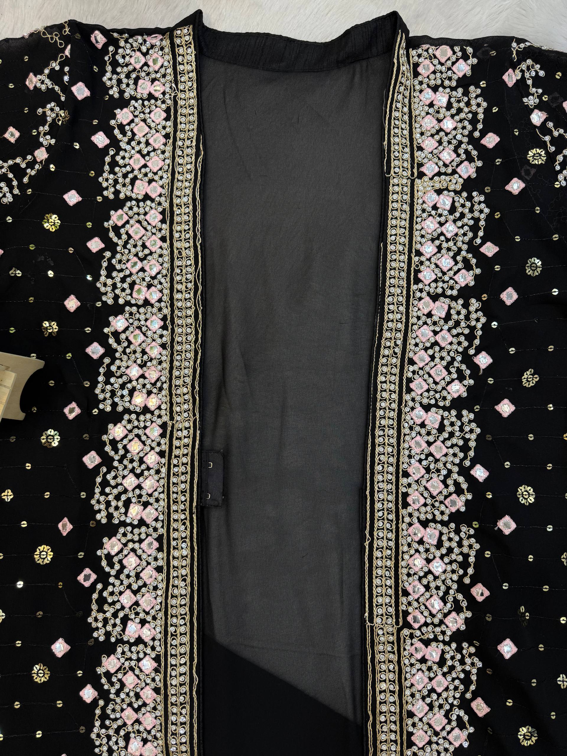 Designer Faux Georgette Gown, Koti & Dupatta Set – Embroidery & Crystal Stone Work